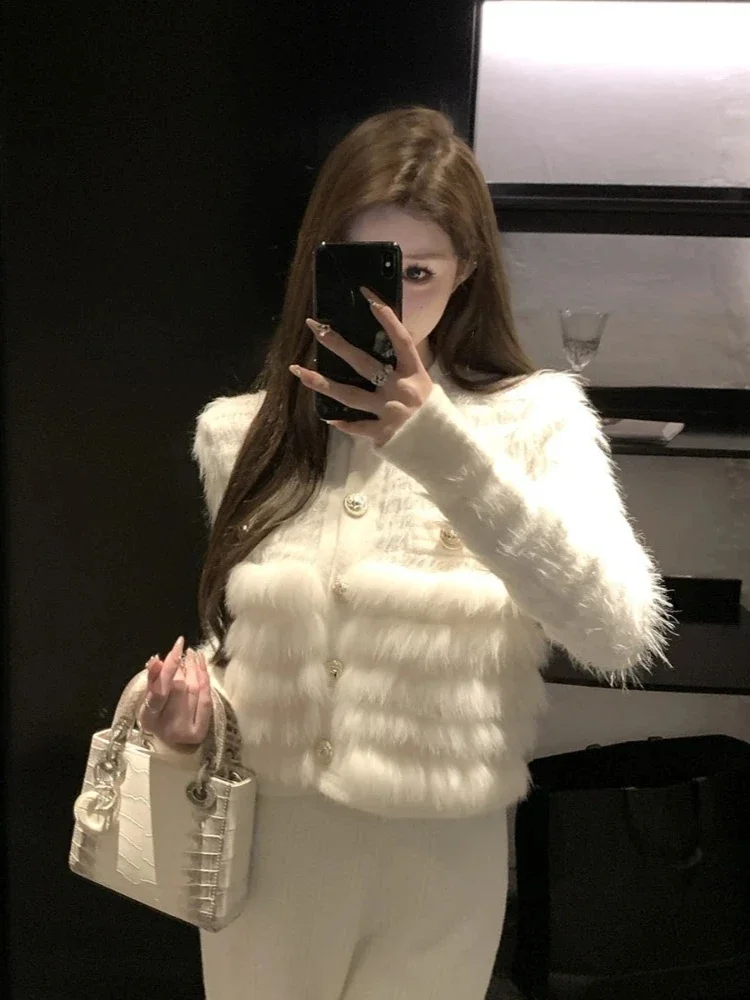 New Autumn Women Real Fox Fur Knitted Cardigan Jacket Luxury Fashion Knitting Sweater Coat Short Slim Female Top Clothing