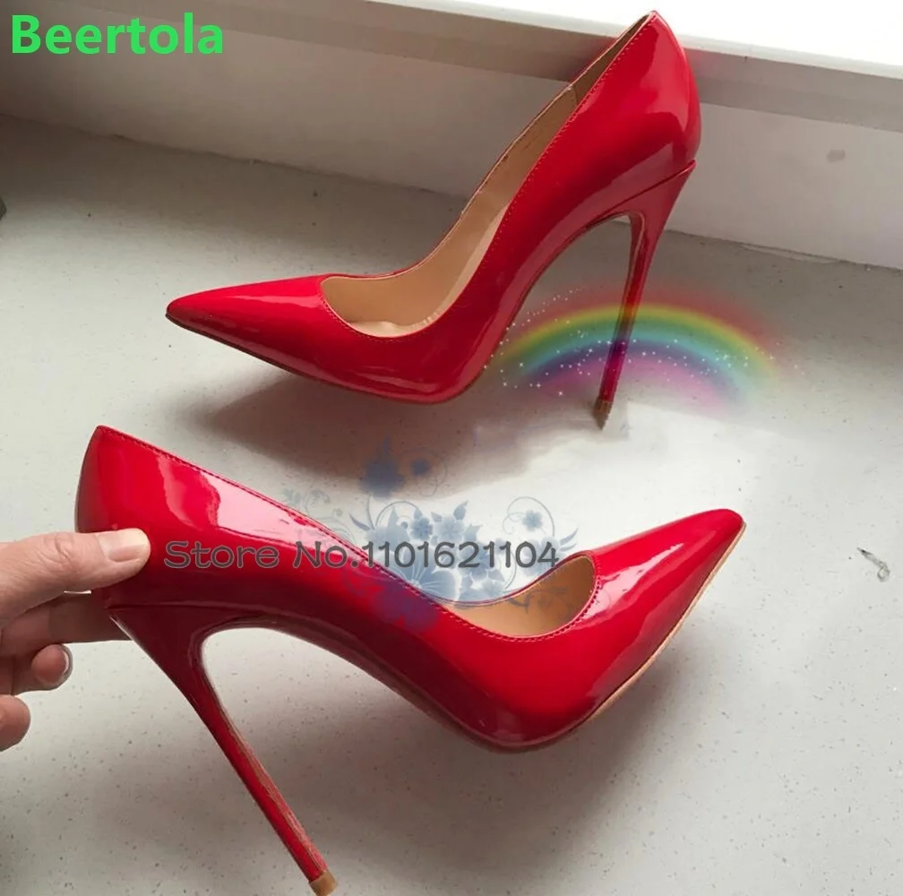 

Patent Leather Red Thin High Heel Pumps For Female Women 2024 New Pointed Toe Solid Shallow Slip-on Elegant Sexy Dress Shoes