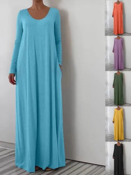 

Осенне-зимнее простое элегантное темпераментное атмосферное повседневное однотонное женское платье больших размеров с длинными рукавами и круглым вырезом
