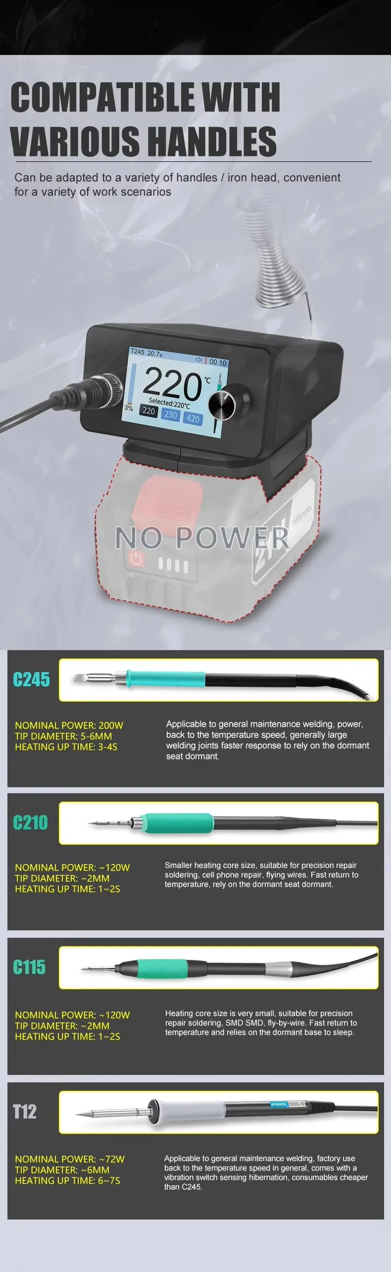 T12 Battery Soldering Station Kits With Handle And Tips 3 PCS And H4 Control Board For DIY Home Iron Repair Tool Teaching