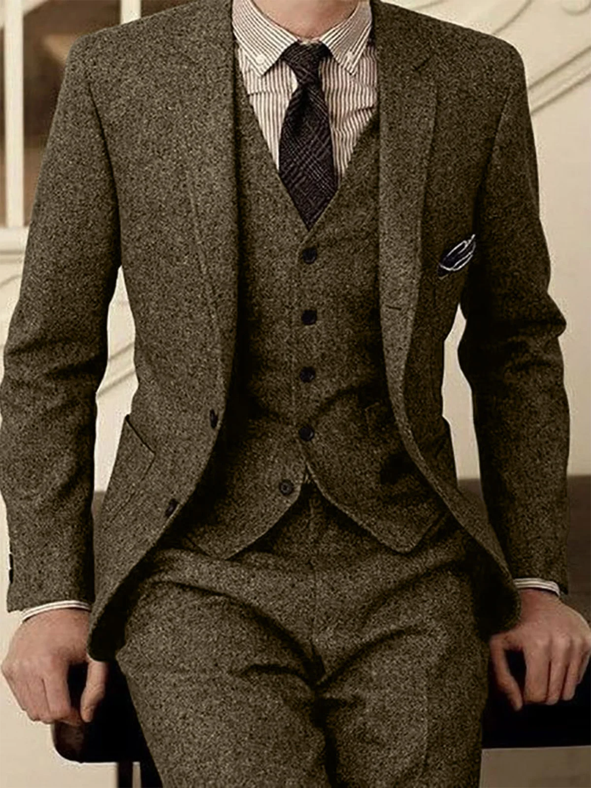 AnnieBritney Homespun Tweed Suits for Men Slim Fit Tuxedo Man Suit Set Casual Warm Blazers and Pants and Vest