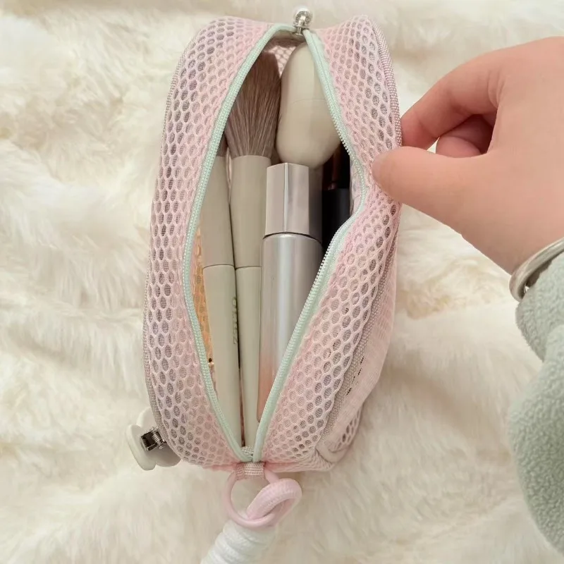 1Pc Candy Color Mesh Makeup Bag With Charm Dopamine Color Toiletry Organizer Portable Travel Cosmetic Lipstick Earphone Case