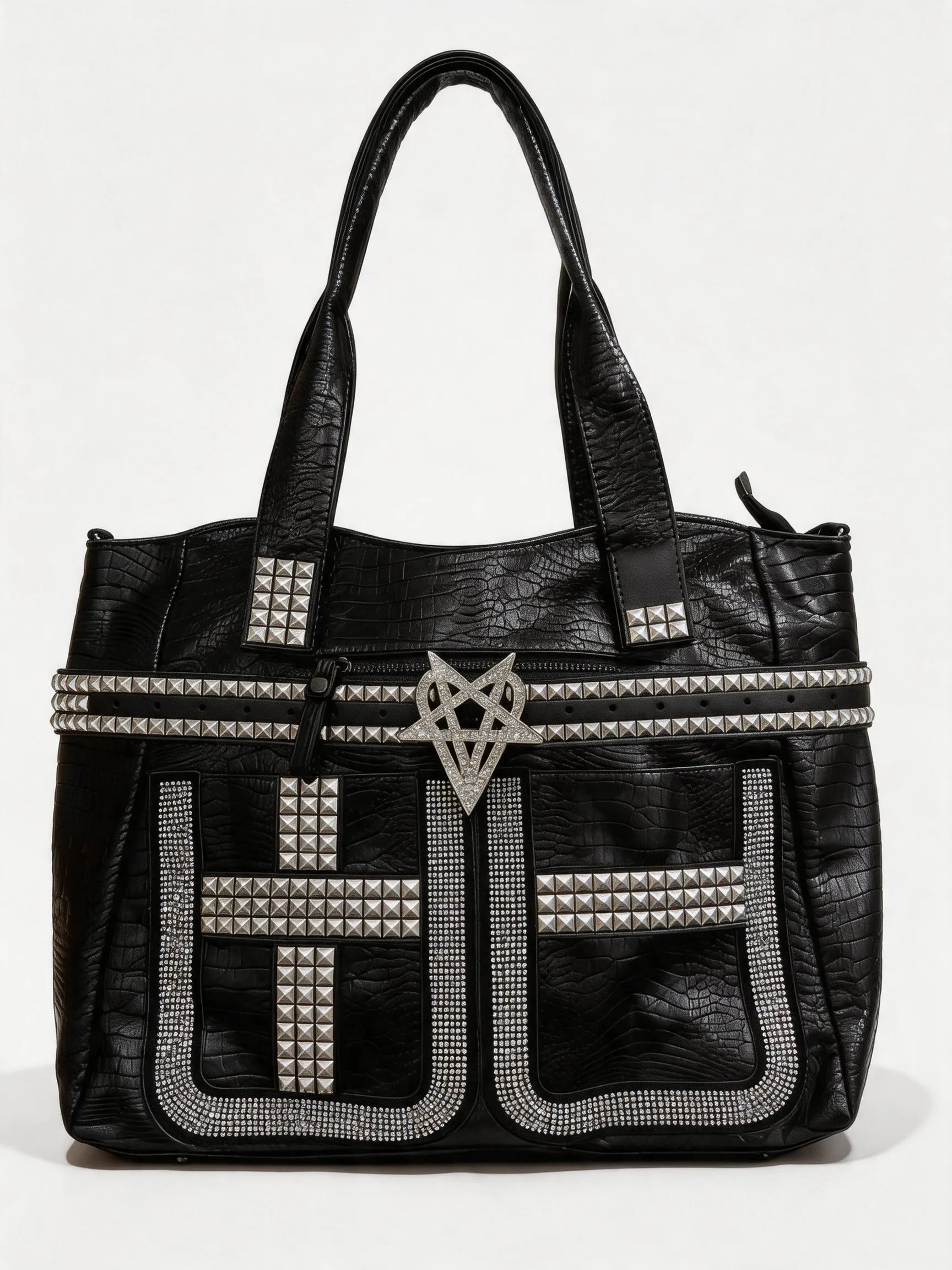 Subculture Large Capacity Light Punk Underarm Bag Original Design Flash Diamond Cross Rivet Tote Bag