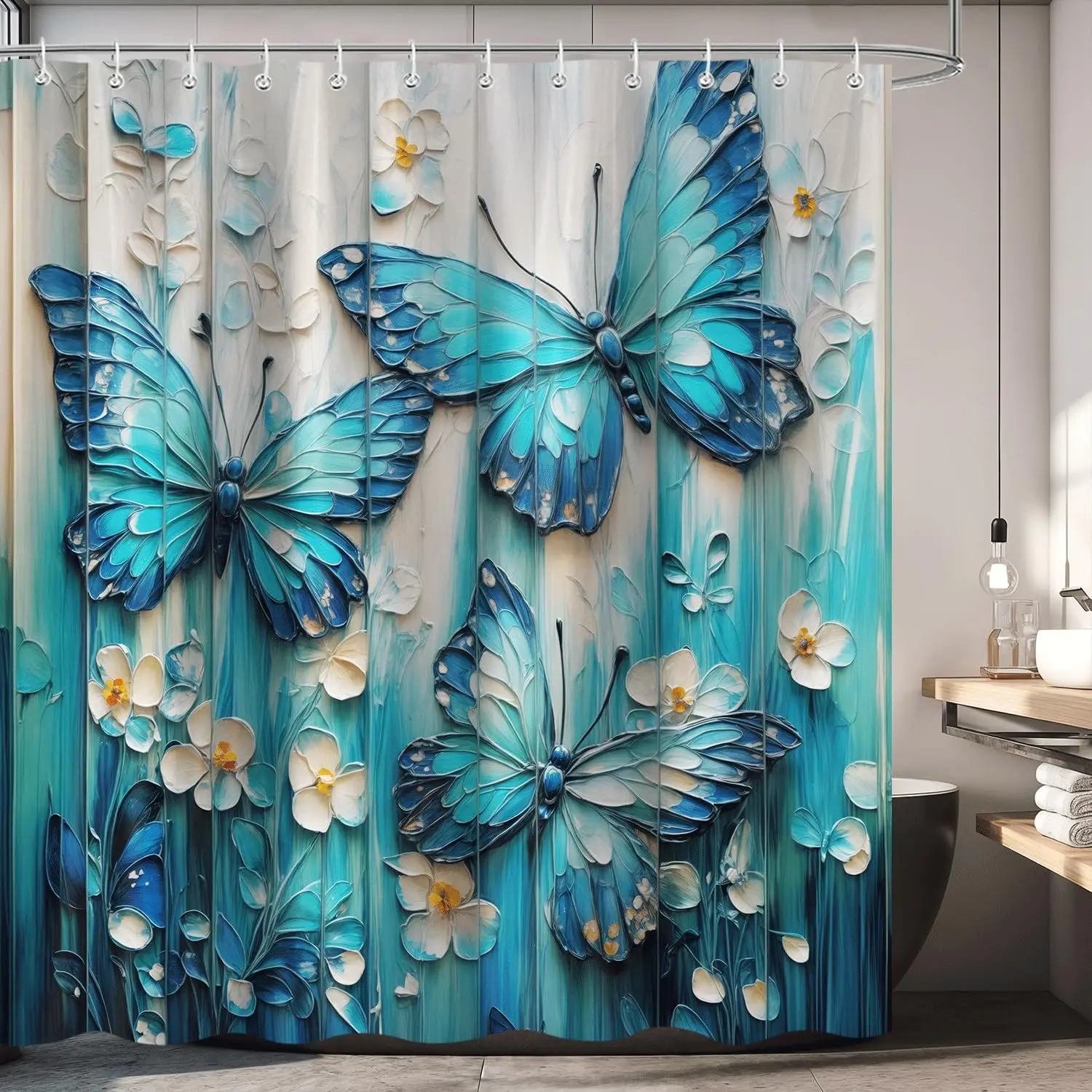 

Blue and Green Butterfly Shower Curtain, Retro Colorful Fun Floral Aesthetic Shower Curtain Set Washable Waterproof Fabric