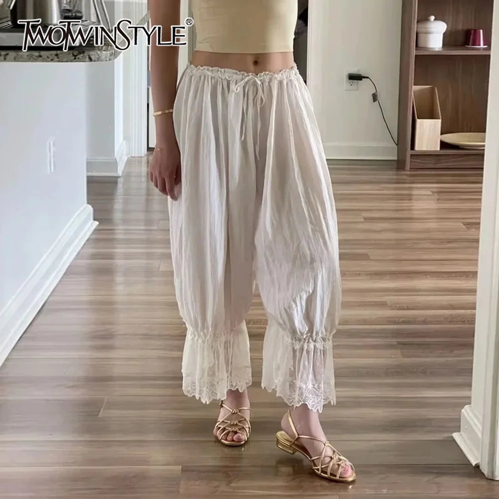 

TWOTWINSTYLE Casual Style White Harem Pants for Women Midi Waist Patchwork Drawstring Loose Lace Edge Pant Female Summer Clothes
