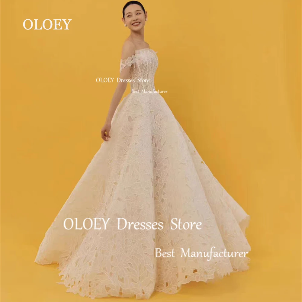 

OLOEY Luxury Ivory Lace Wedding Dress Off Shoulder A Line Bridal Gown Floor Length Zipper Back Sweep Train Free Custom Corset