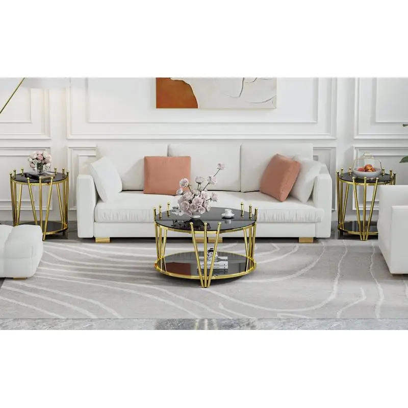 طاولة ذهبية فاخرة حديثة مقاس 19.69 بوصة، تصميم تاج من الفولاذ المقاوم للصدأ، طاولة جانبية مستديرة من الزجاج المقسى باللون الأسود لغرفة المعيشة