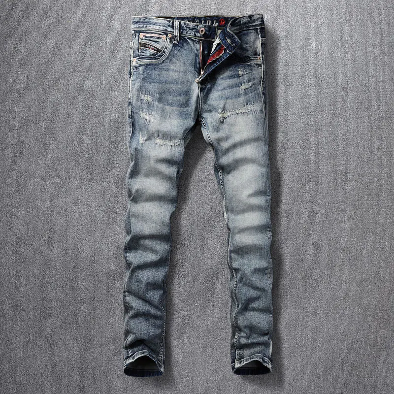 

Italian Fashion New High Quality Jeans Scratch Stretch Slim Fit Washed Nostalgic Embroidered Jeans High Quality Washed Blue Pant