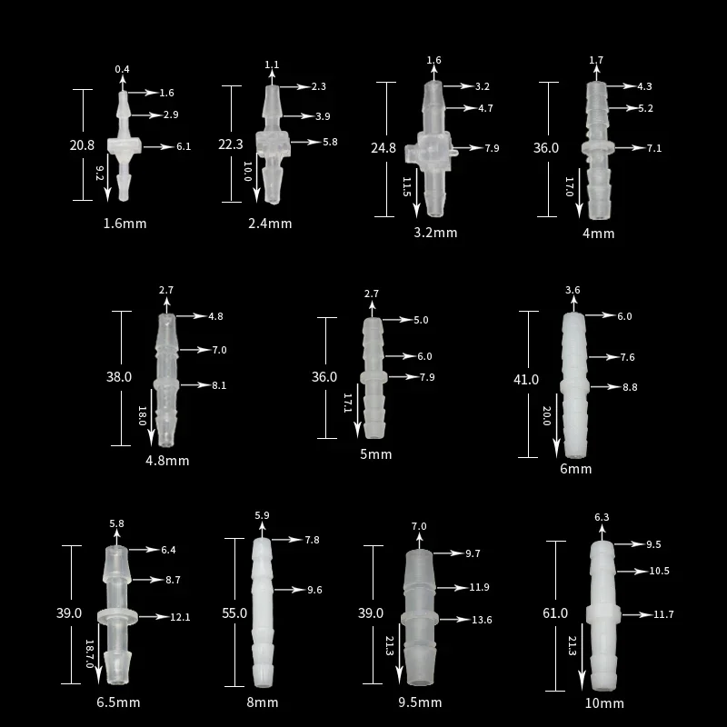 10Pcs Pagoda Plastic Hose Joint 1.6 2.4 3.2 4 4.8 5.6 6.4 8 9.5 10 mm Pipe Hose Connector Accessories