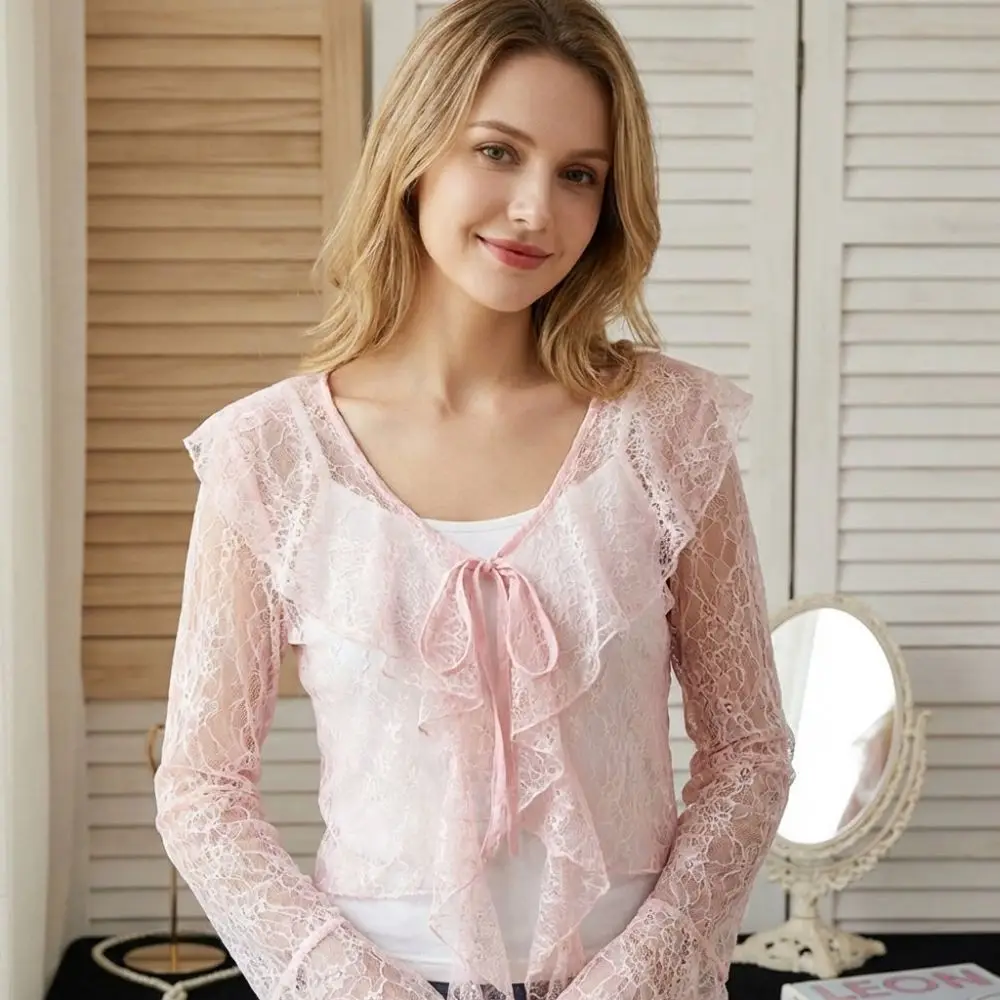 V-Neck Lace Cardigan Flared Sleeve Ruffle Edge Sun Protection Cardigan Hollow Out Lightweight Sun-proof Shirt Women Clothing view 4