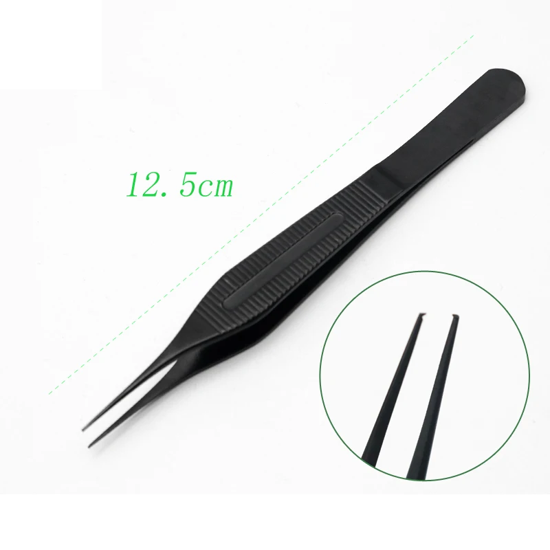 Eye tweezers straight with teeth belly tweezers all black stainless steel cosmetic plastic surgery instruments