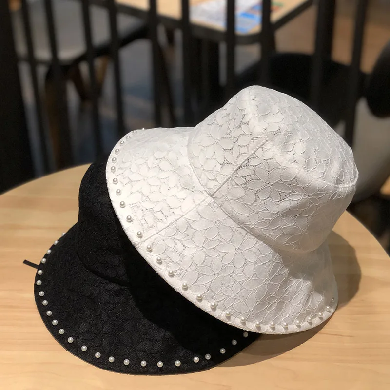 Fashion Women Lace Pearl Bucket Hats Summer Autumn Women Street Style Harajuku Print Outdoor Sunscreen Travel Hunting Cap Gift