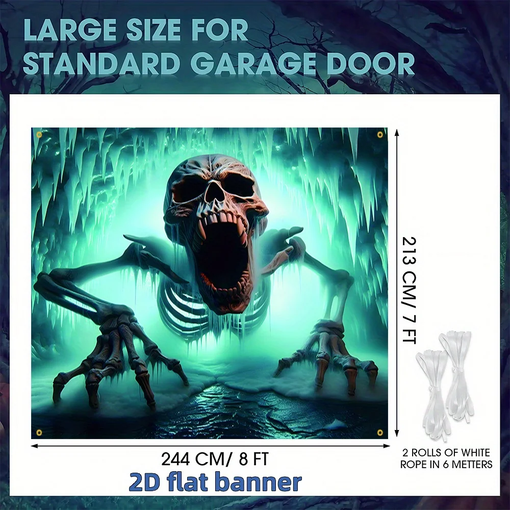 Bannière de porte de garage Happy Halloween, 1 pièce, avec crâne à bouche ouverte et os de crâne à main étendu, fournitures de fête d'halloween