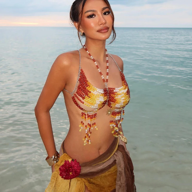 

Female Festival Outfit Handmade Gemstone Body Chain Jewlery Mermaid Bralette Bra Top Beach Cover Crystal Beaded Top