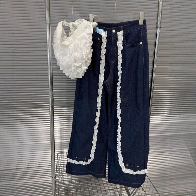 ANJY ฤดูใบไม้ร่วงใหม่ผู้หญิงหวานกางเกงยีนส์ Ruffles Patchwork DENIM Contrast สีตรง VINTAGE Elegant High Street Casual กางเกง A9604