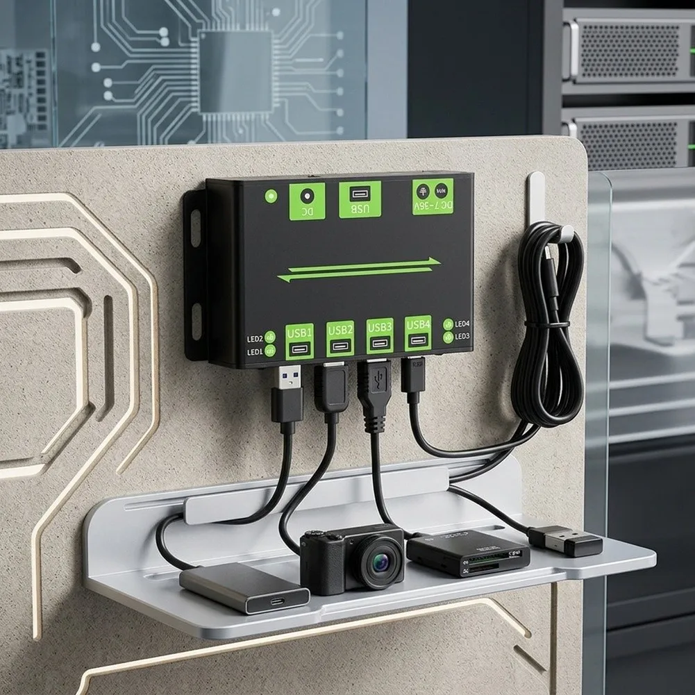Industrial USB 3.2 Hub 4-Port, 7-36V DC Powered, 5Gbps Data Transfer, Metal Casing With LED Indicators For Stable Device Connect