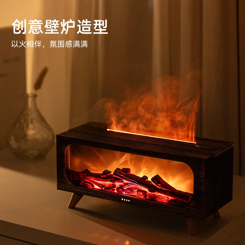 3D Simulation Fireplace Flame Humidifier, Home USB Portable Long Bedroom Atmosphere Night Light, Air Aroma Diffuser