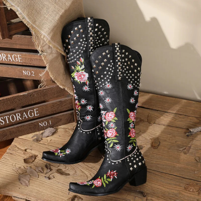 Women's Ethnic Embroidery Flower Western Cowboy Cowgirl Boots Kneehighs Boots Cowgirl High Heels Pointed Toe Vintage Style