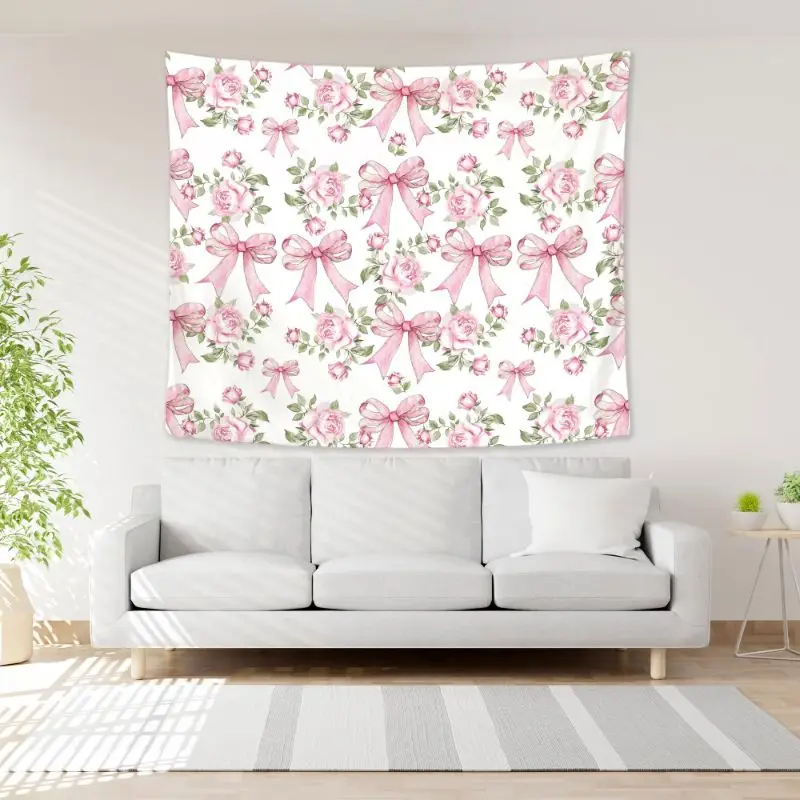 VIKAMA Pink Bow Christian Tapestry, Jesus Cross Scripture Wall Hanging, Girl Style Wall Decor for Bedroom Dormitory Home