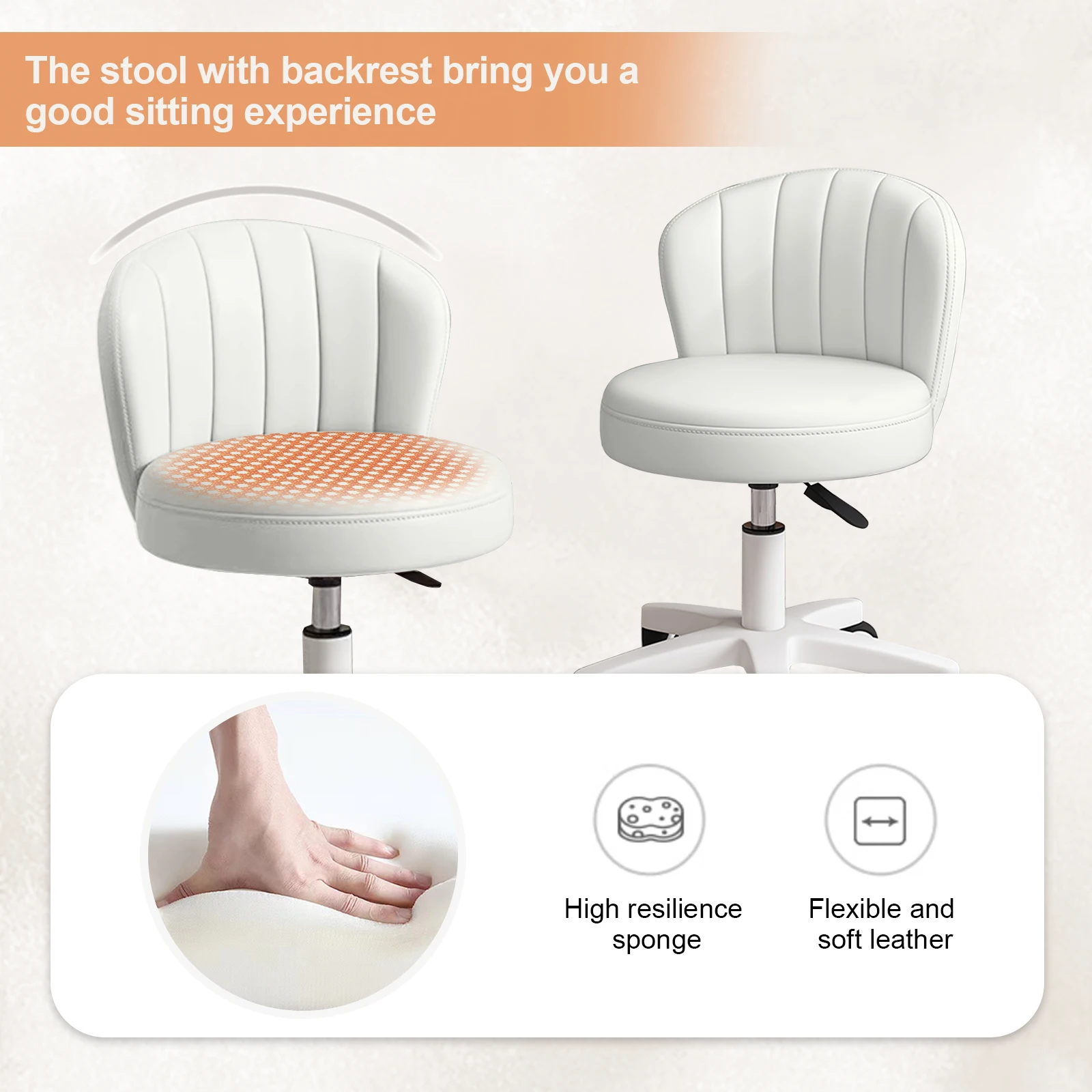 Small Round Rolling Desk Chair Armless Comfy Vanity  with Low Backrest PU Leather Height Adjustable Swivel Work Spa Chair image 3