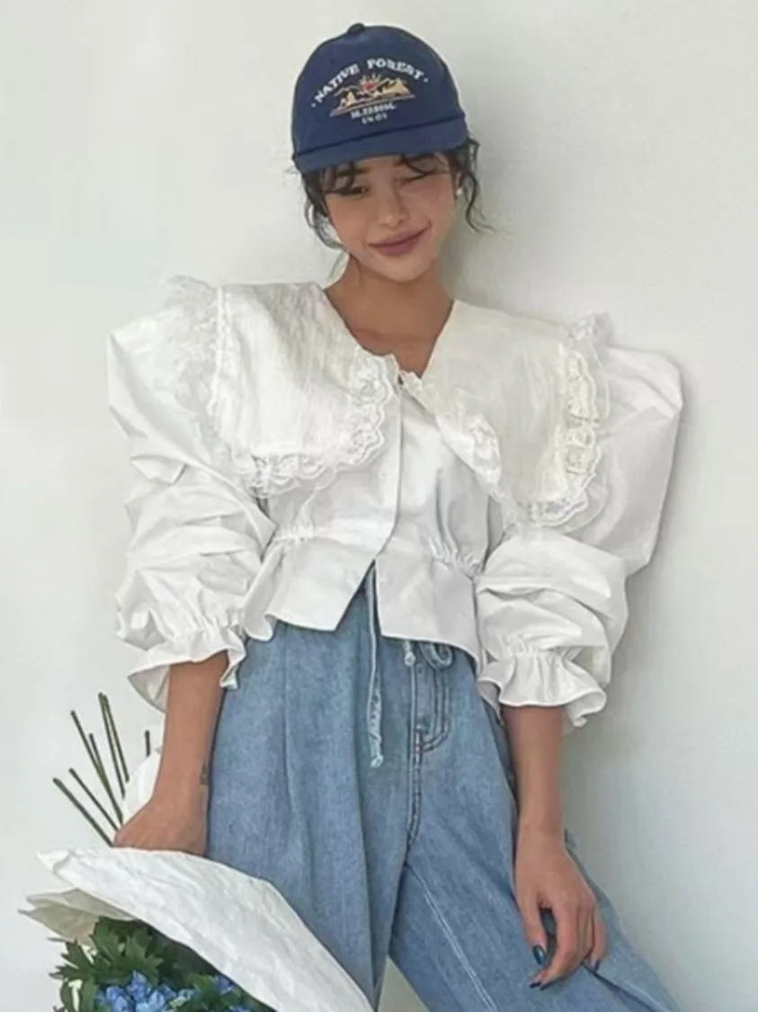 

Korean Style Ruffle Collar Long Sleeve Shirt Women's Spring New Ageless Doll Shirt Top Floral Lace Commute Style Regular Fit