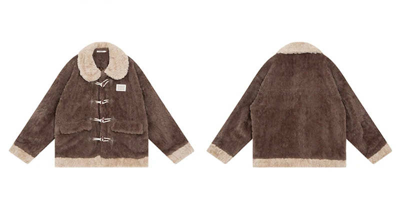 Chic Brown Women Shearling Jacket Toggle Button Coat Contrast Collar Loose Cozy Preppy Streetwear Winter Outerwear Top