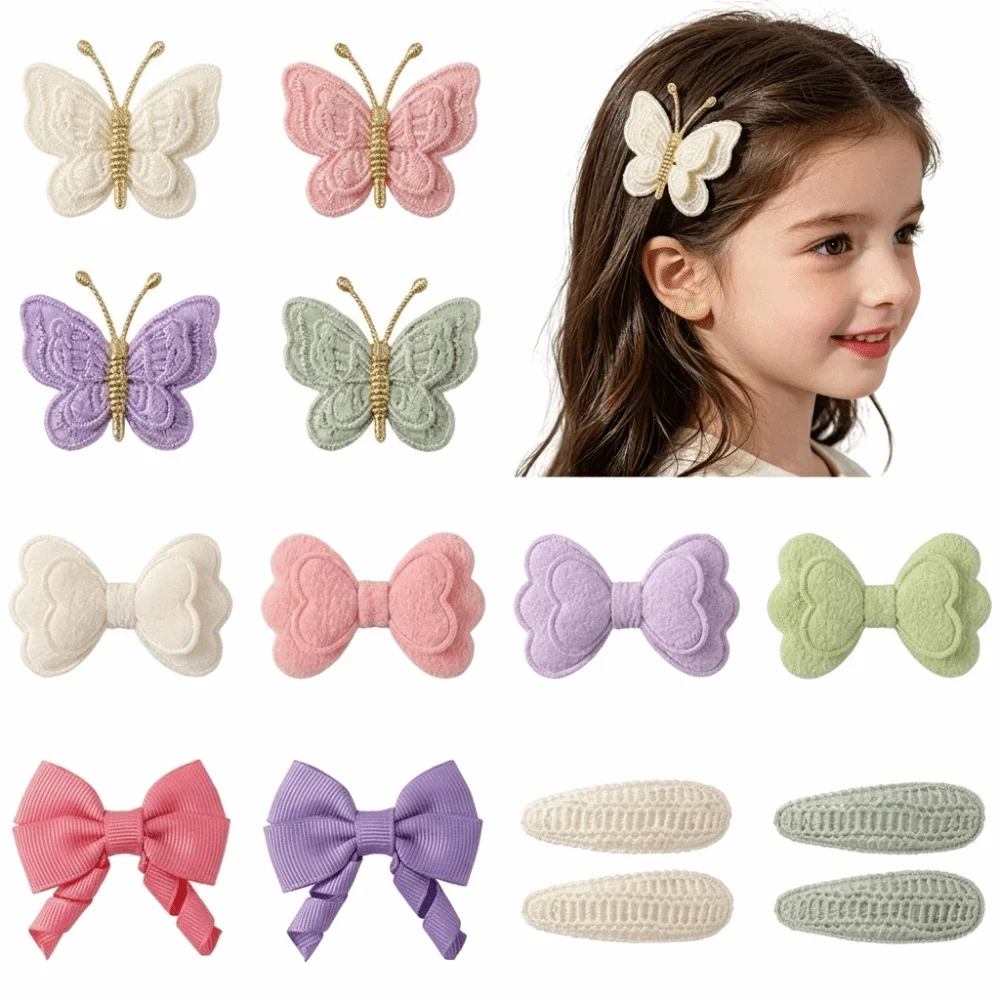 1 Set Yarn Bow Hair Clips Glitter Accent Butterfly Design Yarn Bow Butterfly Snap Snap Closure Cute Style Hair Clips Set