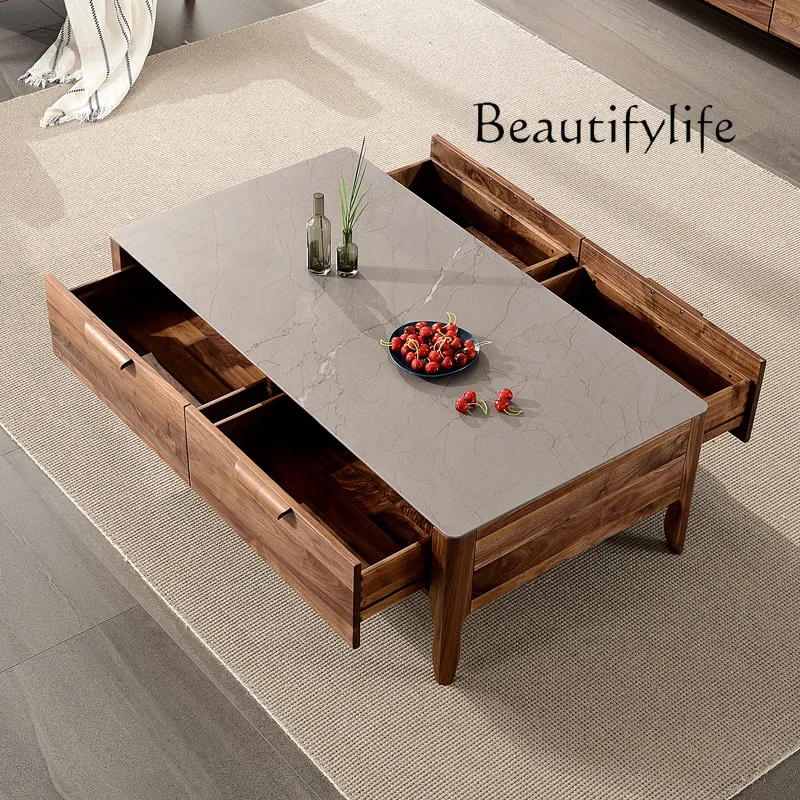 

muebles para hogar Nordic Italian Minimalist Solid Wood Black Walnut Square Drawer Living Room Coffee Table TV Cabinet Stone Pla