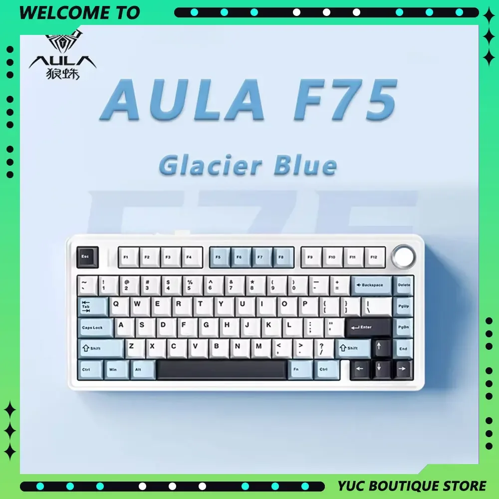 AULA F75 Wireless Bluetooth Mechanical Keyboards Glacier Blue Tri Mode Hot Swap RGB Light 2.4G Customize Gaming Accessories Gift