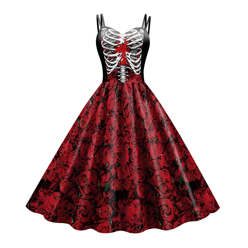 Damen Halloween Ärmelloses Swing-Kleid Skelett-Rippenkasten Rote Rosen-Druck Spaghetti-Träger Midikleid Gothic Party Cosplay Outfit – Detail 2