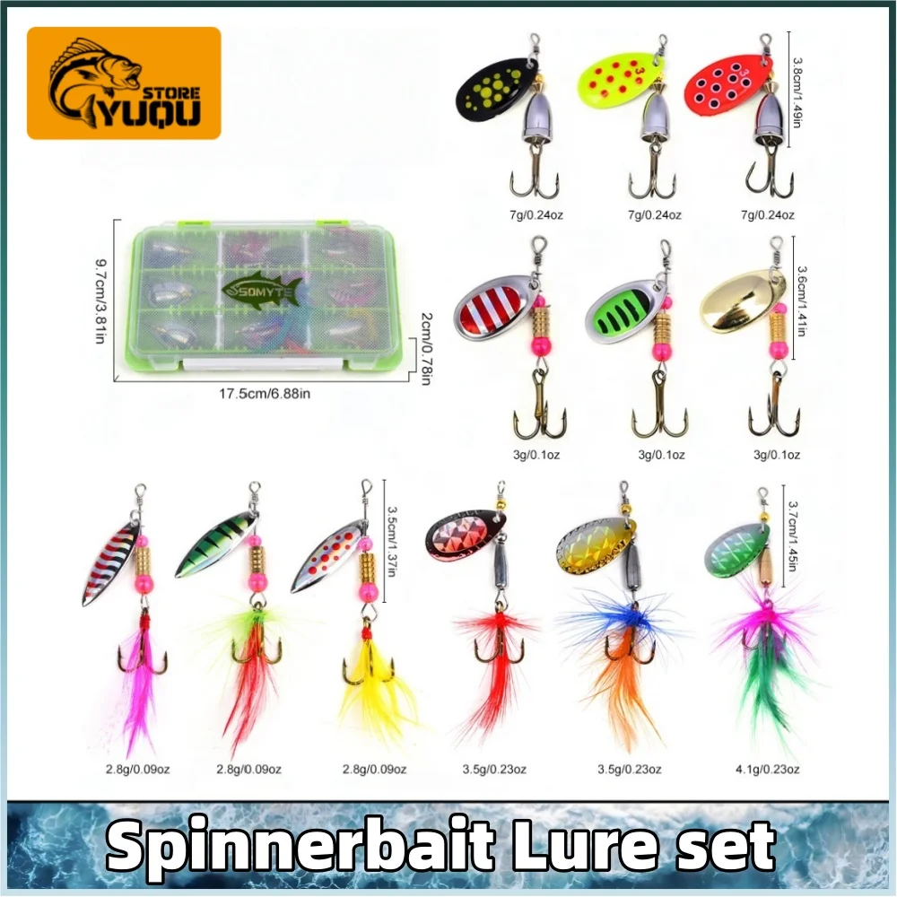 

Набор из 12 металлических вращающихся блесен-ложек с перьевыми крючками для ловли баса, щуки, форели в пресной/соленой воде