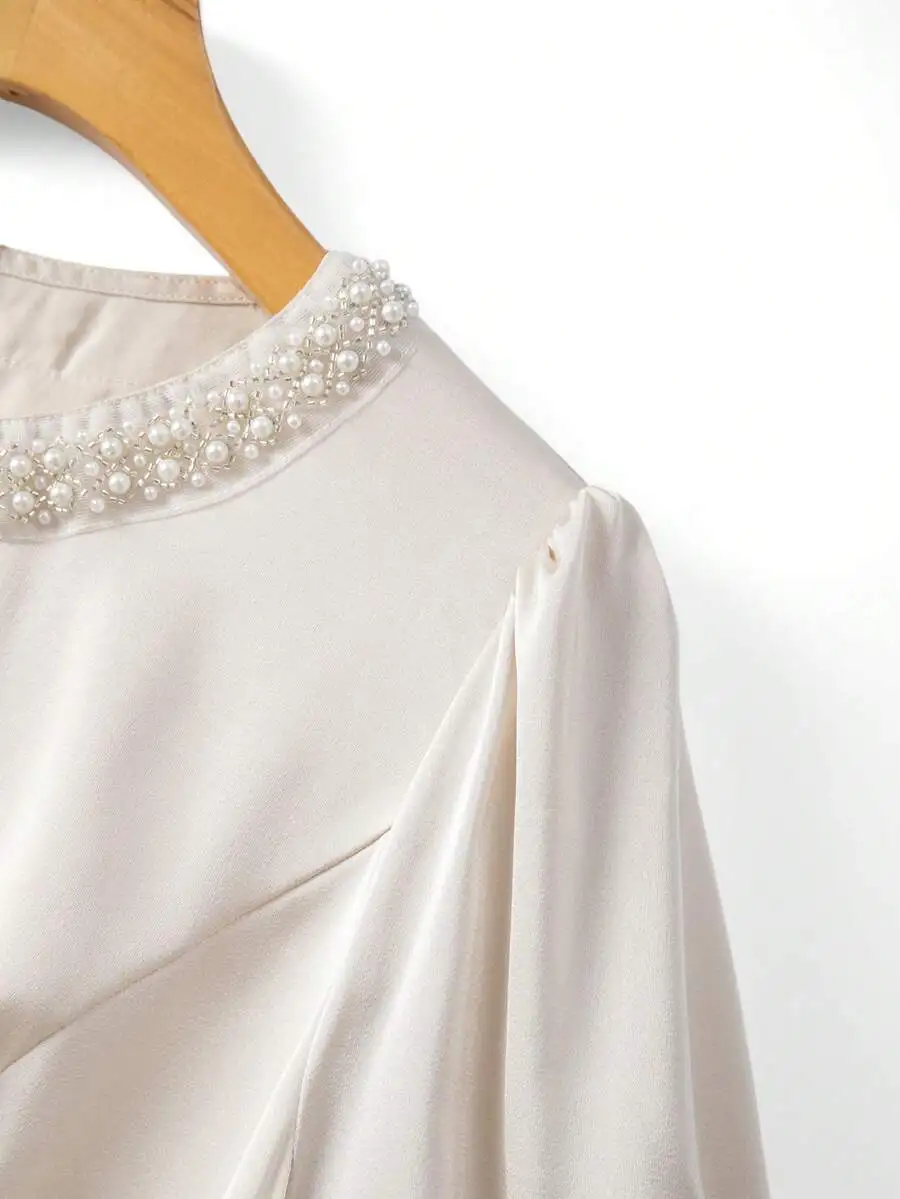 

Champagne Satin A-Line Dress With Pearl Embellished Round Neck For Women