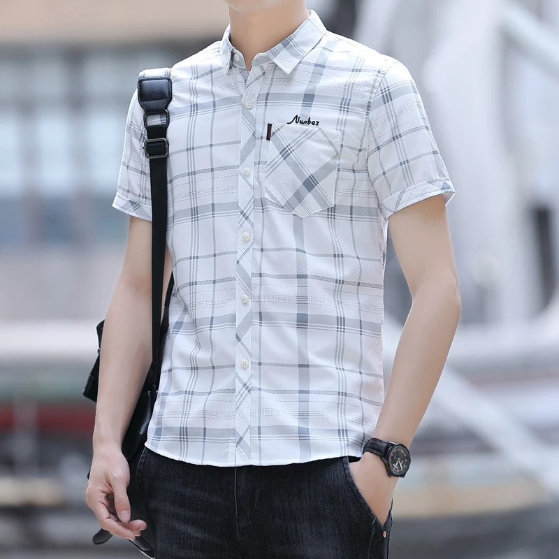 Summer Thin Business Men\'s Short Sleeve Cotton Plaid Print Male T Shirt Front Patch Chest Pocket Button-down Casual Top