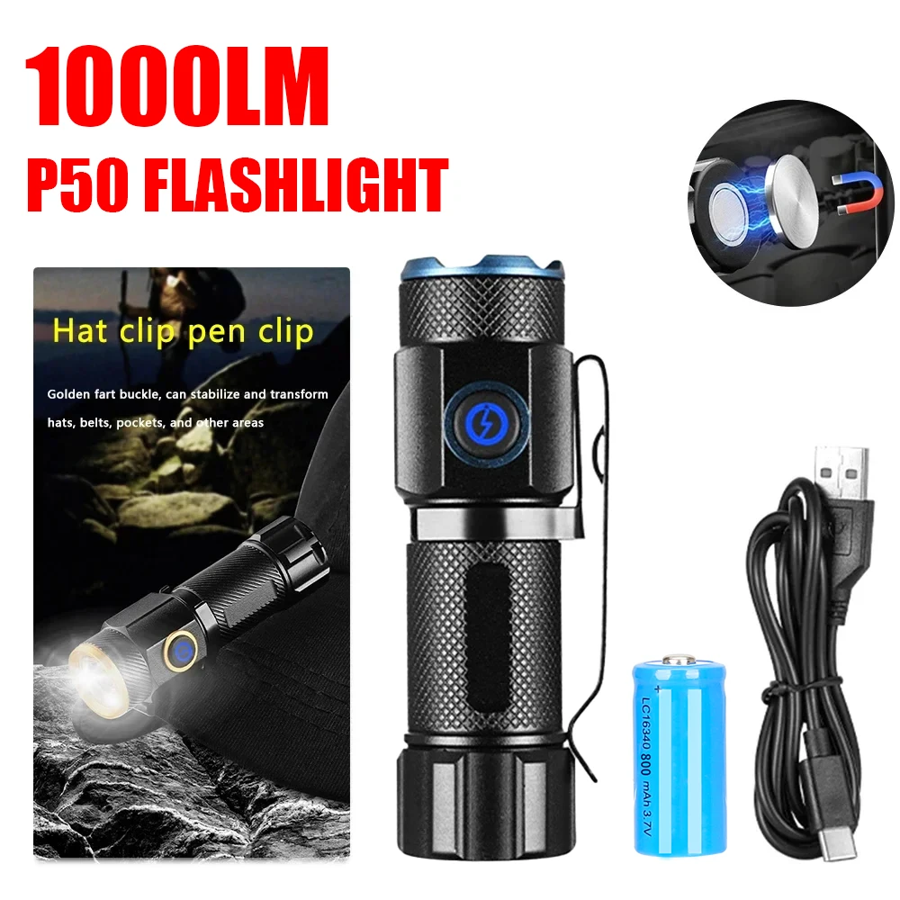 Mini Portable XHP50 LED Flashlight with Hat Clip USB C Rechargeable Camping Hunting Torch with Tail Magnet Emergency Searchlight