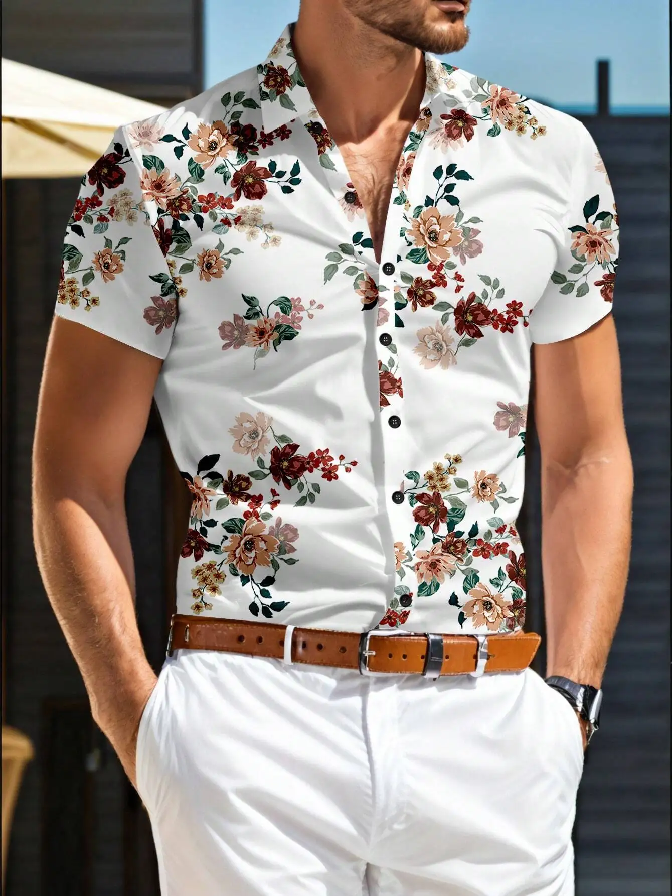 

Men's Short Sleeve Floral Print Button-Up Casual Shirt White