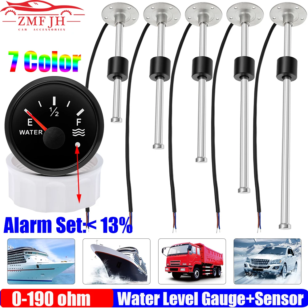 

7 Color LED 52mm Water Tank Meter Indicator with Alarm 0-190 Ohm 600mm Water Float Sensor+Water Level Gauge For Car Yacht 9-32V