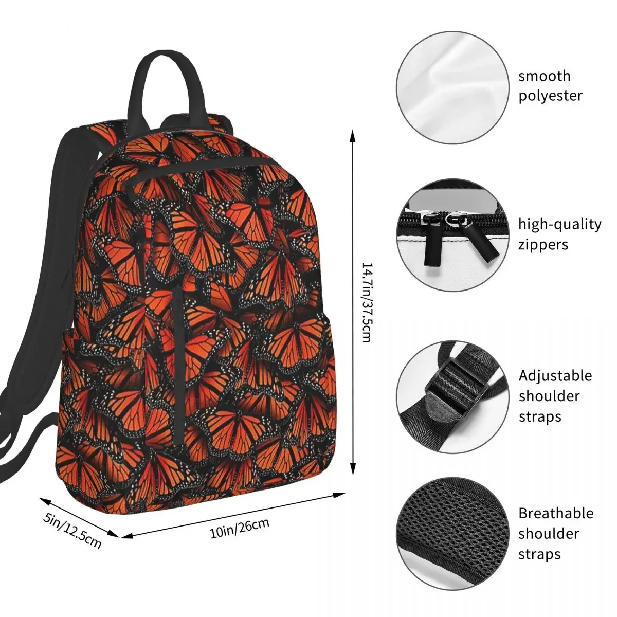 Orange Monarch Butterfly Backpack Student BookBag Children School Bag Computer Shoulder Bags Men Women