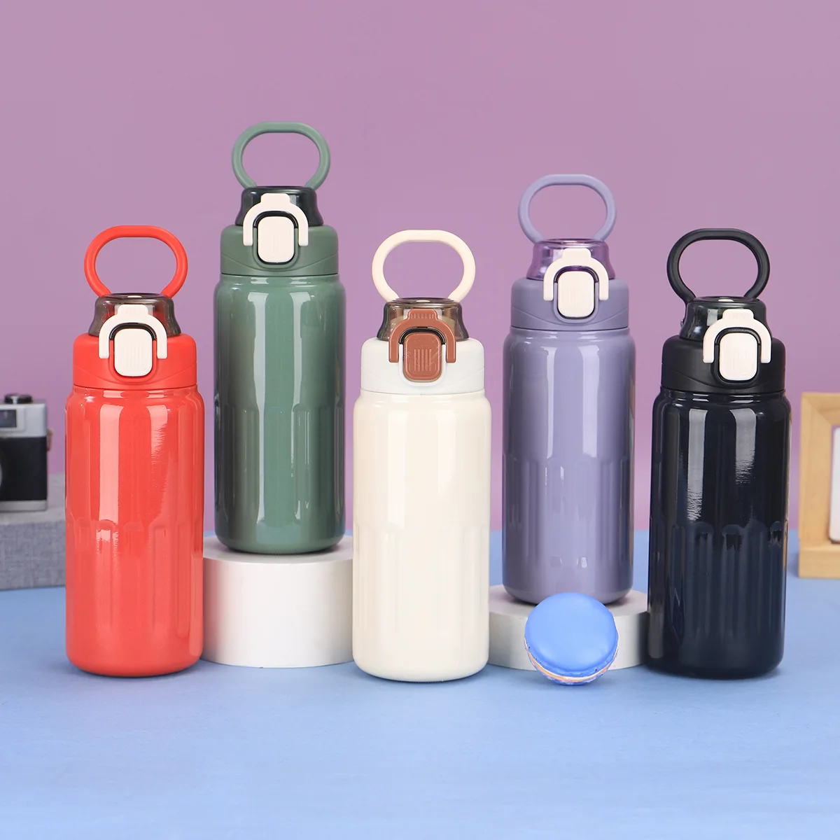 

500ml Stainless Steel Thermos Cup With Bouncing Cap Straw And Handle,Outdoor Double-layer Vacuum Flasks,Simple Gift Water Bottle