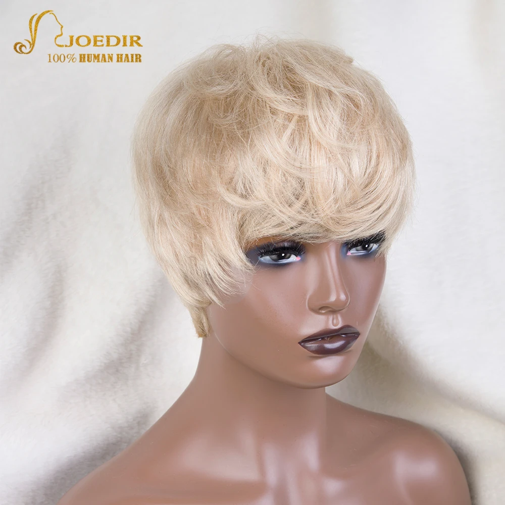 613 Honey Blonde Color Lace Wig Short Wavy Bob Pixie Cut Full Machine Made Human Hair Wigs With Bangs For Black Women Remy Jodir