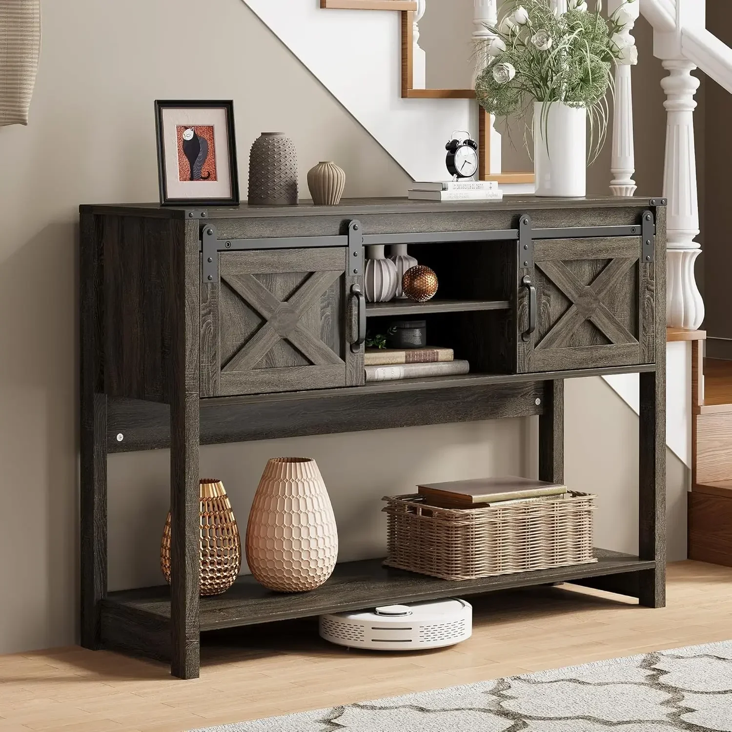 Farmhouse Console Table With Storage Shelf Sliding Barn Door Narrow Long Sofa Table Behind Couch Entryway Foyer Living Room Furn