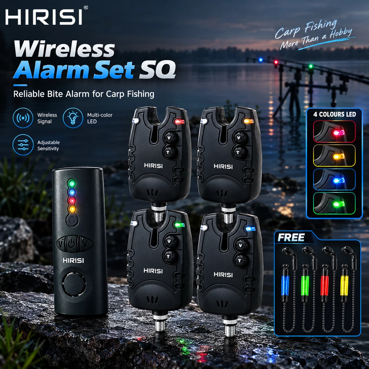 hirisi-sq-4-set-1-4-allarmi-acustici-per-pesca-alla-carpa-con-4-swingers-led-ricevitore-wireless-150m-volume-tono-e-sensibilita-regolabili