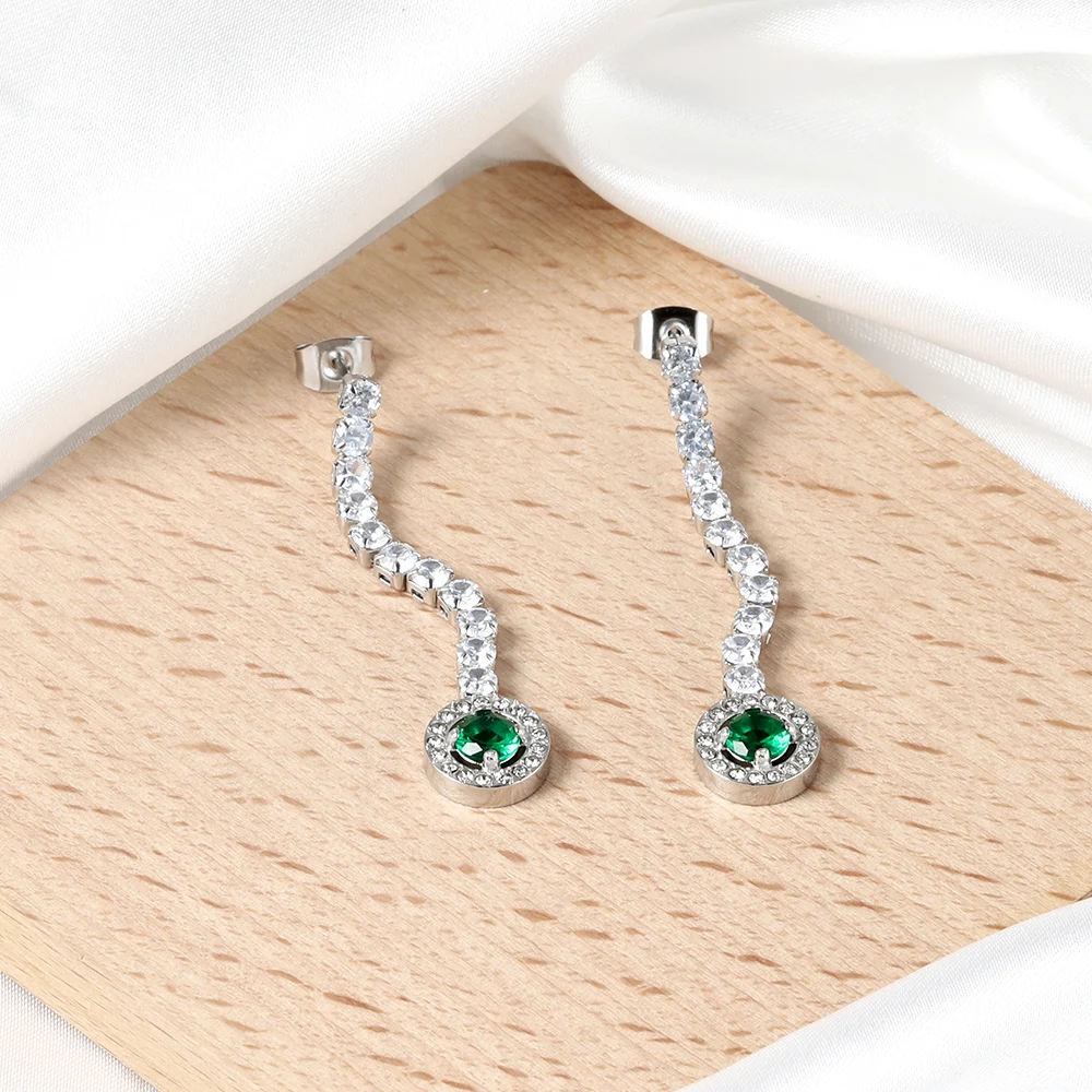 LUXUSTEEL Luxury Long CZ Tennis Chain Green Crystal Drop Earrings Silver Color Stainless Steel Geometric Tassel Women Earring