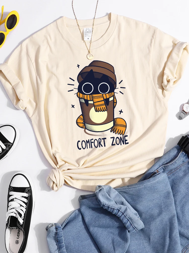 Comfort Zone Milk Tea Cat T-Shirt Female Personality Street T Shirts Cool Summer Tee Clothing Street Casual T Shirt Women'S