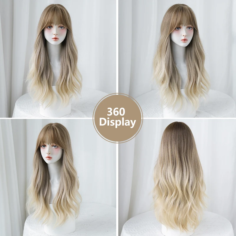 7JHH WIGS Costume Wig Synthetic Body Wavy Brown Ombre Blonde Wig with Bangs High Density Layered Wig for Women Beginner Friendly