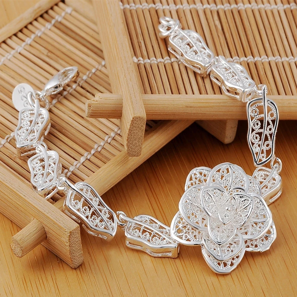 925 sterling Silver Beautiful flower rings bracelet Jewelry set for women charm fashion party wedding accessories Christmas Gift