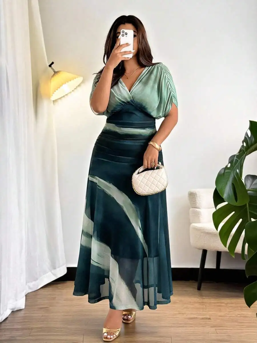 

Plus Size Elegant Tie Dye Ruched V-Neck Elastic Waist Flowy Maxi Dress For Women
