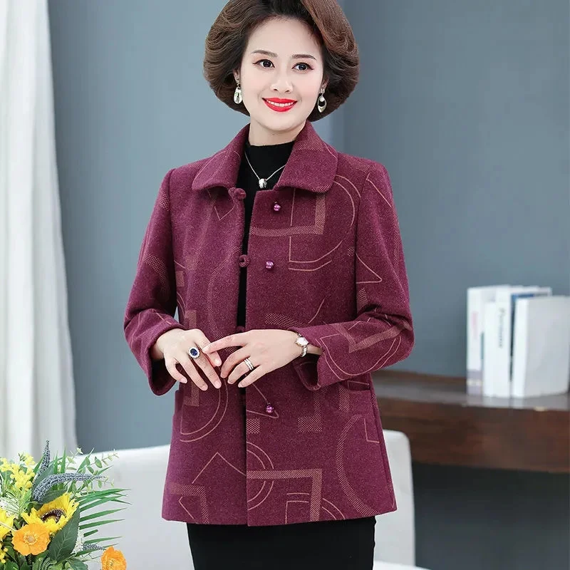 Middle Aged Women's Woolen Outerwear Fashion Plaid 40 to 50 Year Old Middle-aged Elderly Mothers 2023 Autumn Clothing Woolen Top