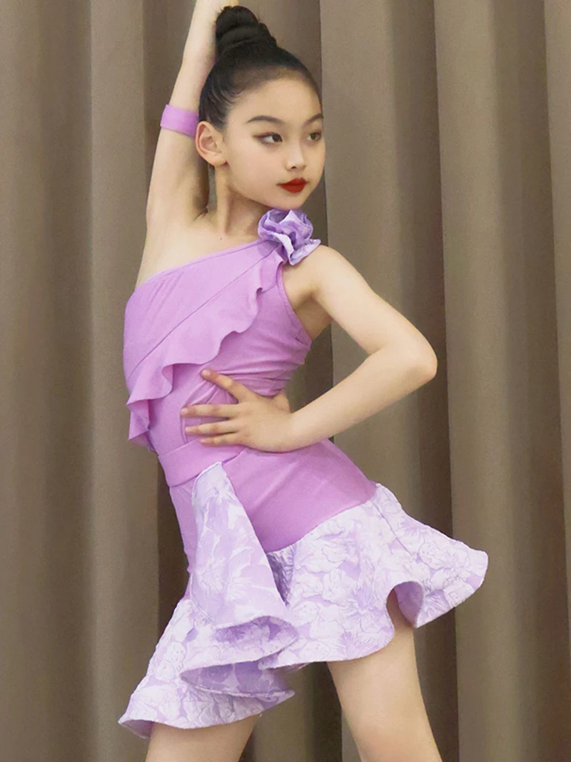 Kids Girls One Shoulder Flower Latin Dancewear Dress Large Skirt Hem Set Advanced Sense Practice Table Performance Clothing