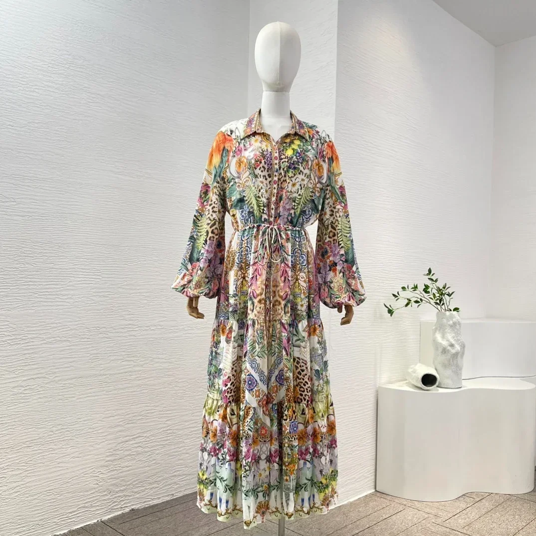 

Silk High Quality 2024 Spring Summer Multi-color Floral Leaf Print Lantern Sleeve Turn Down Collar Women Frill Midi Dress