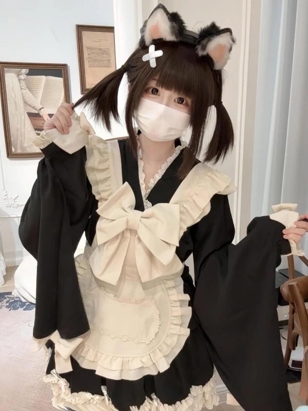 

Симпатичная юбка Bla для горничной Dr с бантиком, японская женская юбка в стиле Лолиты, силуэт трапециевидной формы, длинный свеч, V-Ne, повседневная одежда